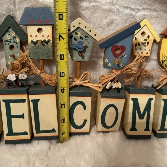 Welcome Birdhouses Wooden Blocks. New. Raffia Bows. Folk Art Farmhouse Decor. - Picture 6 of 15